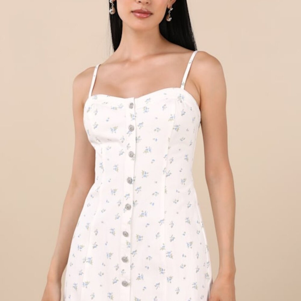 NWT Lulus Blakely White Ditsy Floral Twill Button-front Mini Dress - Size XS
